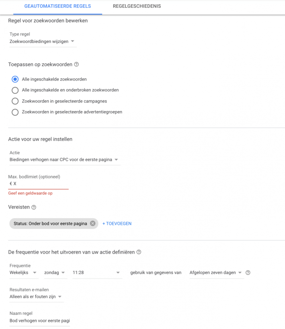 regels aanmaken in google ads