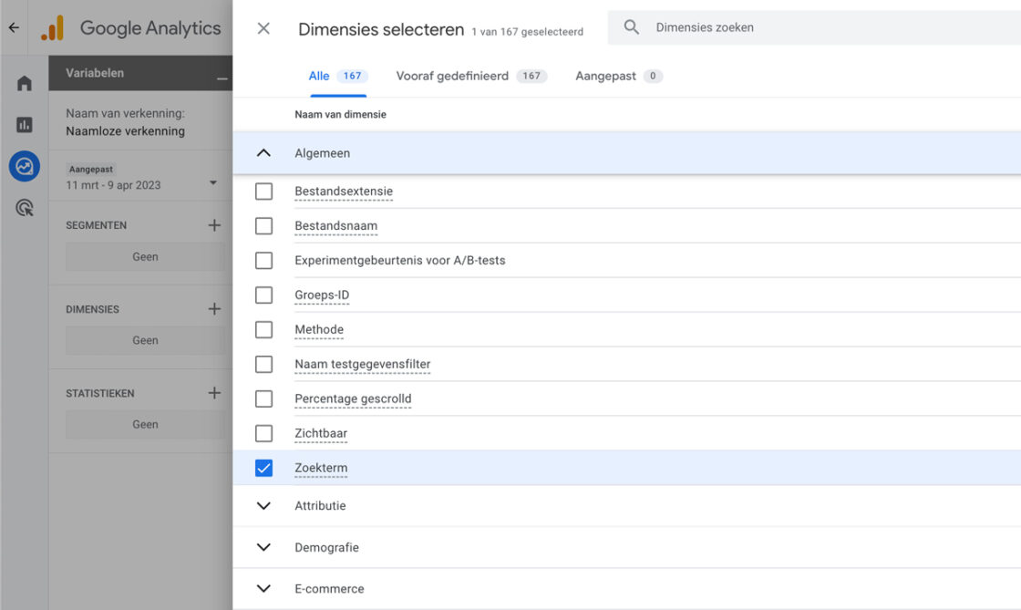 Dimensies selecteren in een verkenning in Google Analytics 4