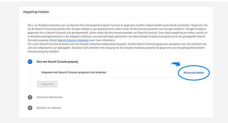 Google Search Console account selecteren om te koppelen in Google Analytics 4