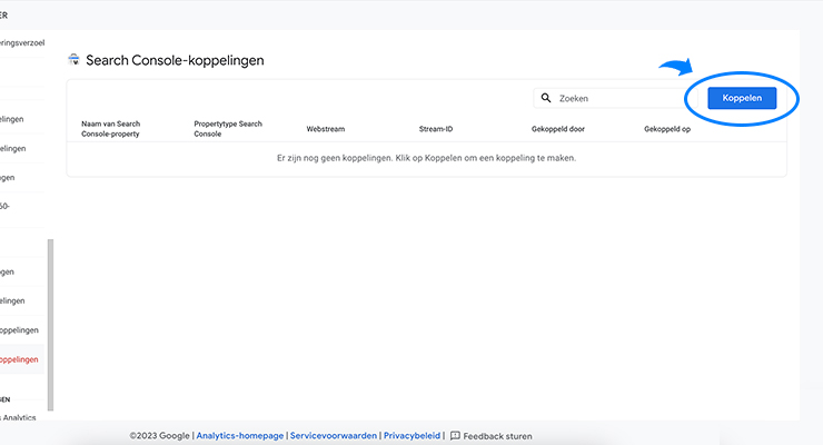 Search Console koppelen openen Google Analytics 4