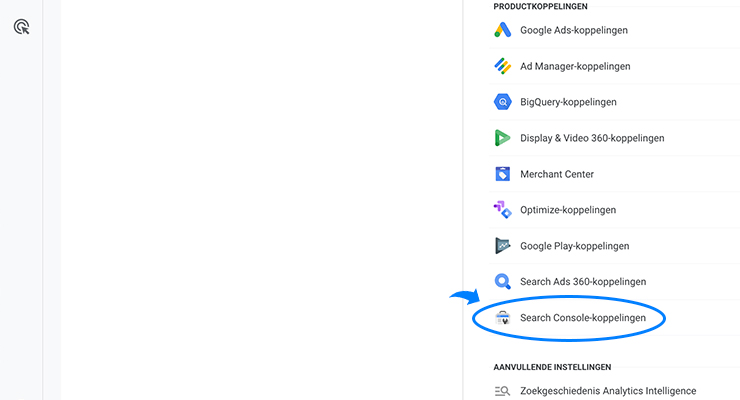Search Console koppeling in Beheer openen Google Analytics 4