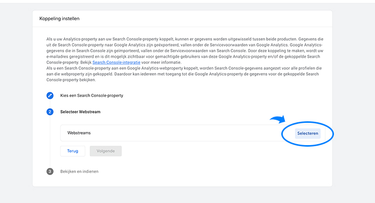 Webstream selecteren om te koppelen aan Google Search Console in Google Analytics 4