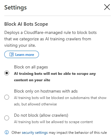 cloudflare AI bot instellingen